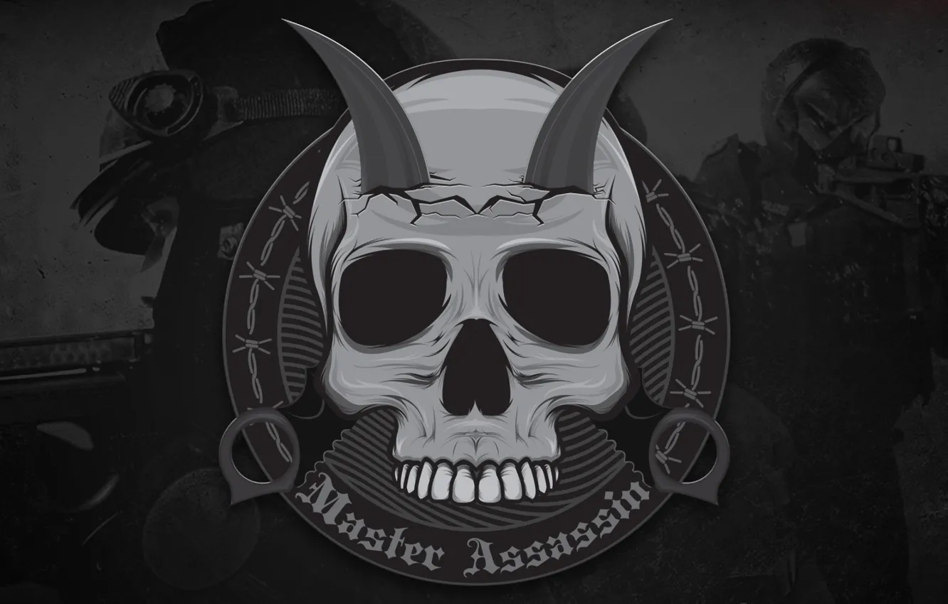 Фото обои череп, ножи, рок, трещина, sticker, cs go, karambit, master assassin
