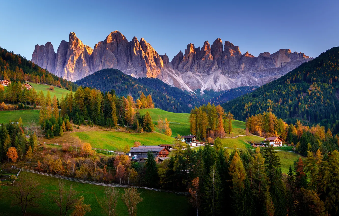 Фото обои осень, лес, природа, скалы, дома, долина, Италия, Italy