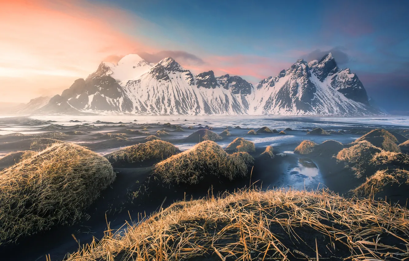 Фото обои закат, горы, Исландия, Iceland, Vestrahorn, Stokkness