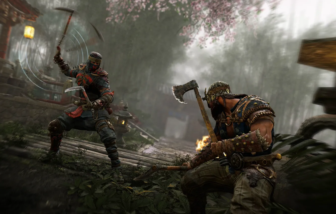 Фото обои axe, game, armor, weapon, samurai, Viking, For Honor, japonese