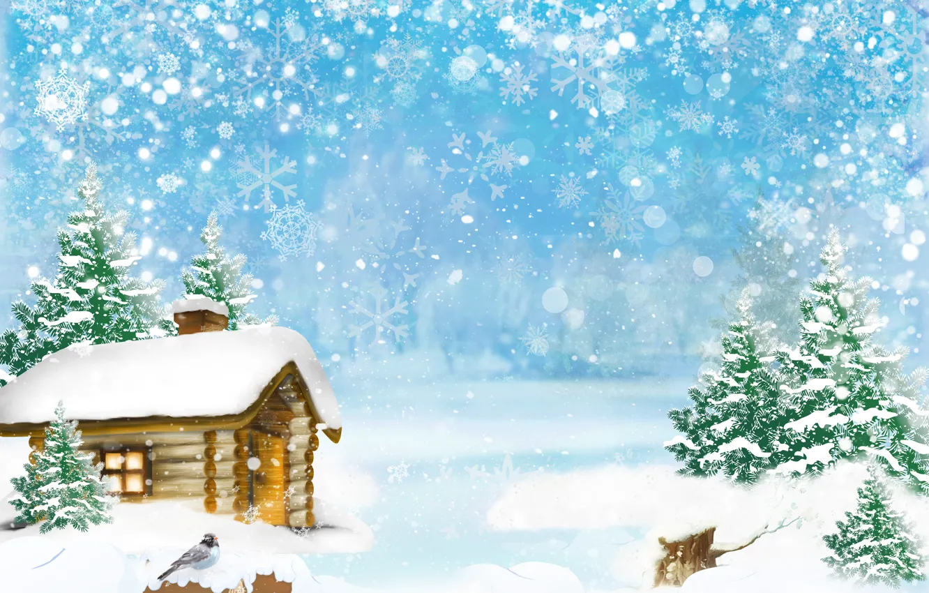 Фото обои зима, лес, снег, деревья, снежинки, дом, птица, арт