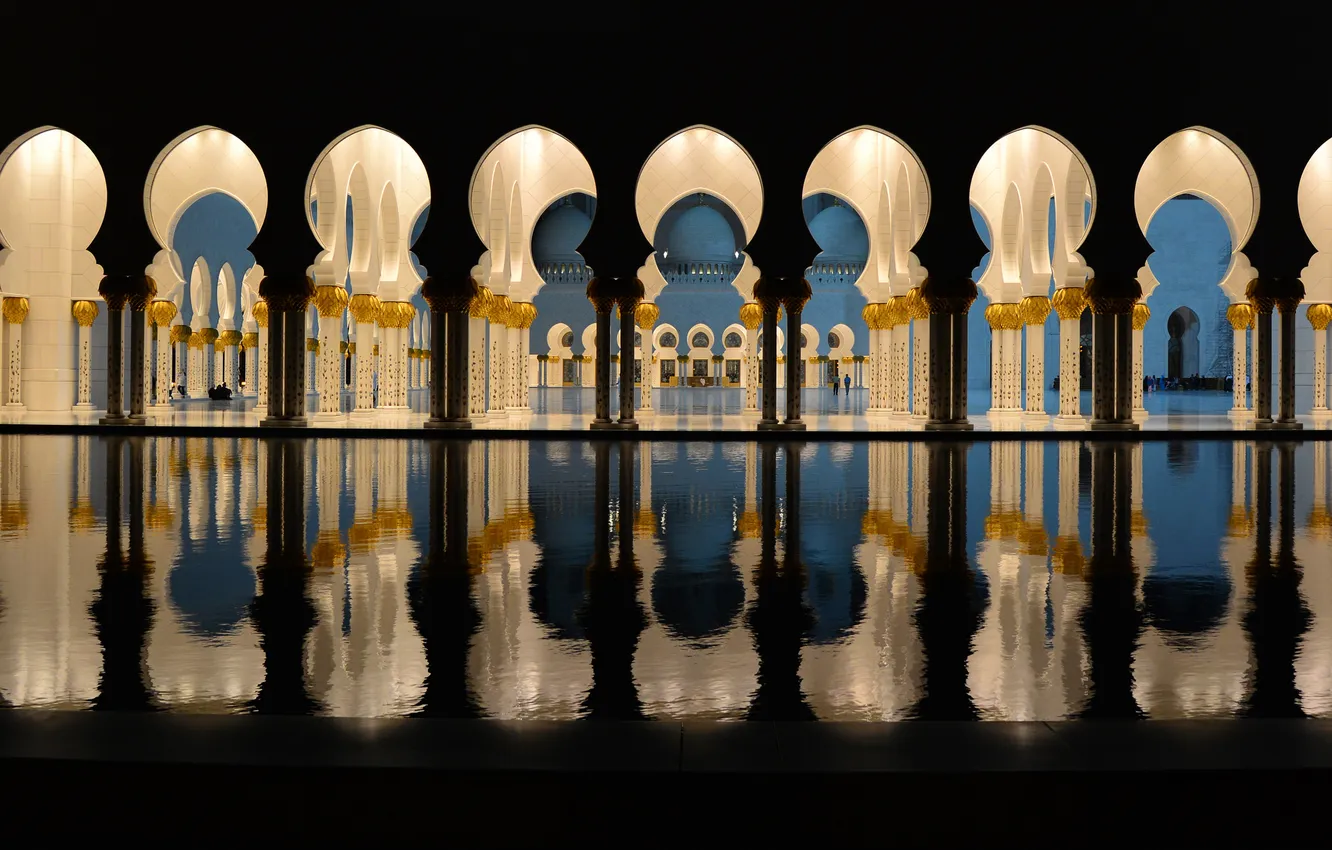 Фото обои вода, огни, вечер, освещение, колонны, мечеть, арки, архитектура