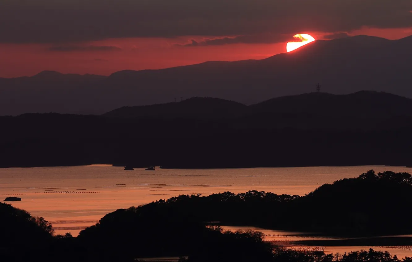 Фото обои солнце, рассвет, гора, Япония, силуэт, landscape, japan, Mountain Miyagi