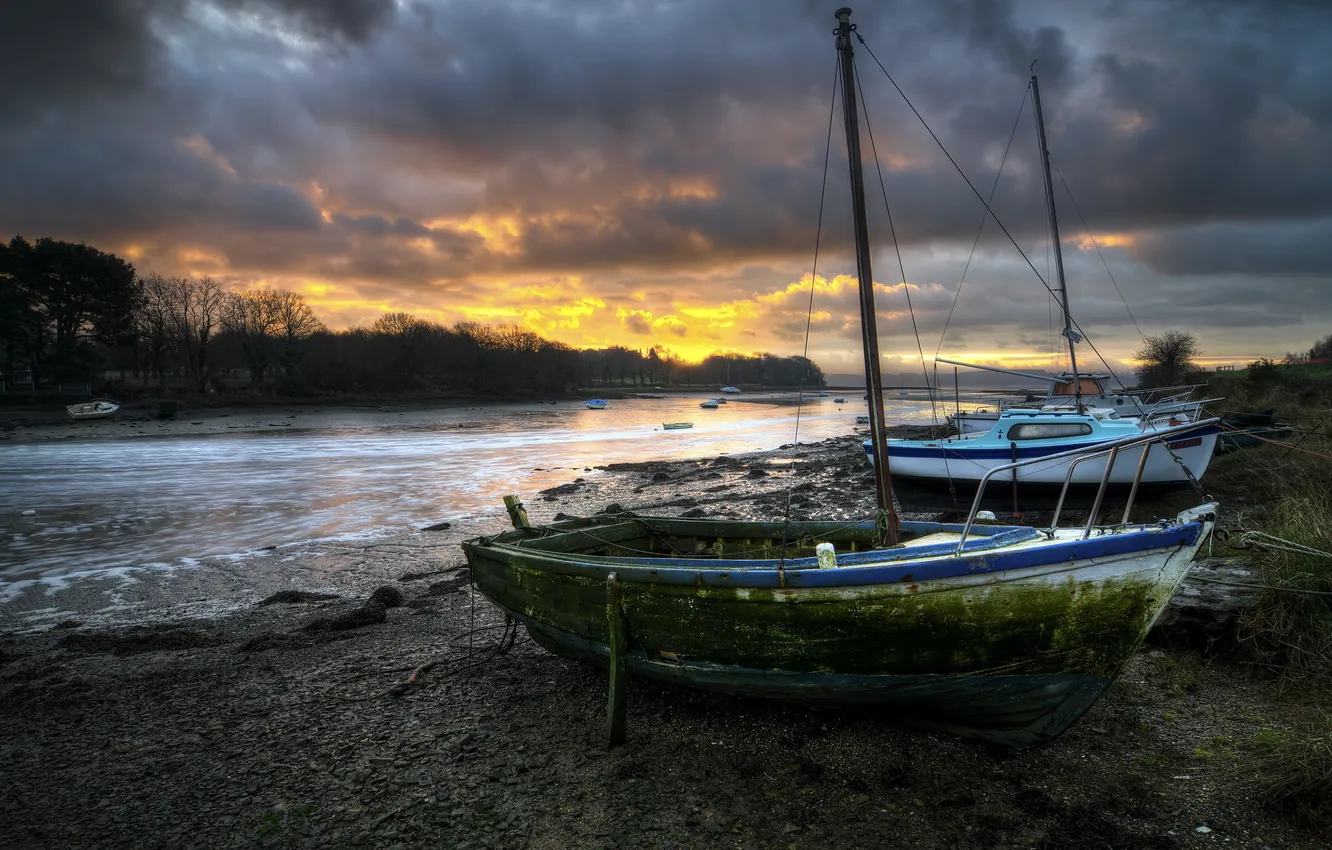 Фото обои пейзаж, закат, река, лодки