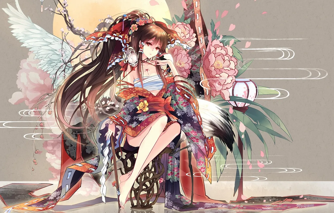 Фото обои девушка, цветы, абстракция, луна, крылья, сакура, фонарь, кимоно