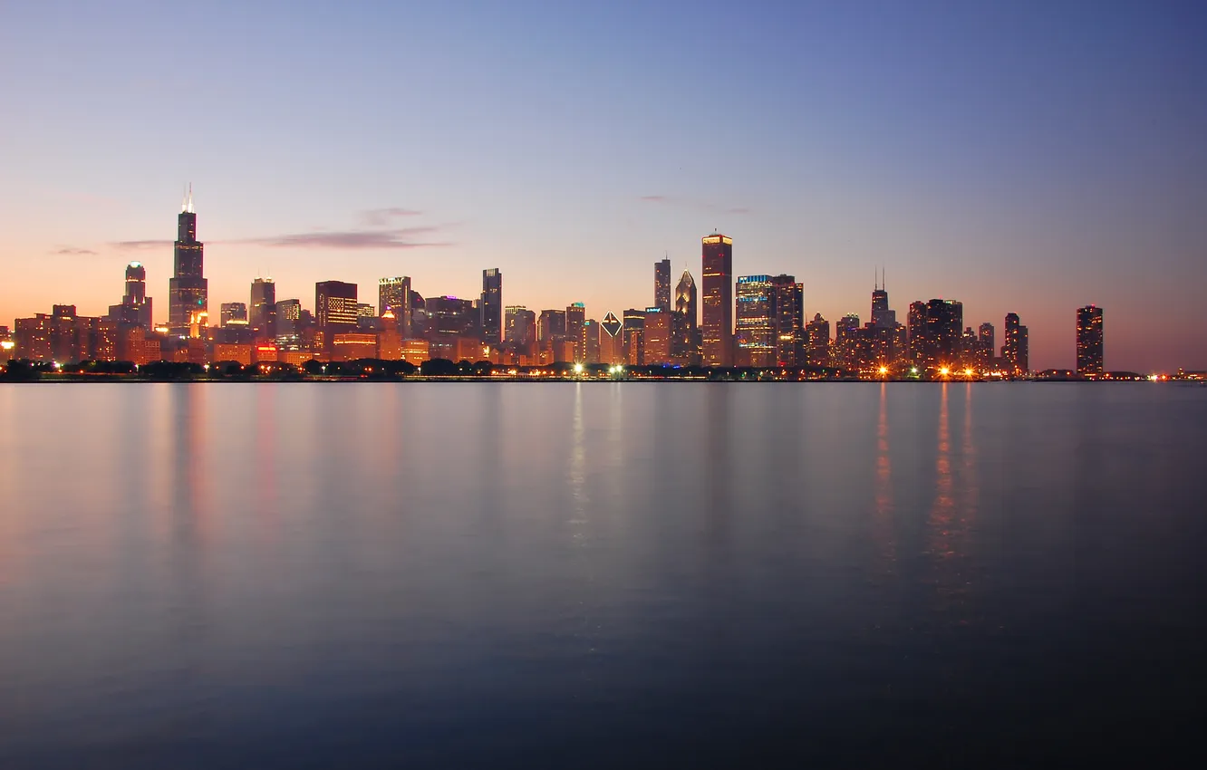 Фото обои city, город, вечер, USA, Chicago, Illinois, панорамма