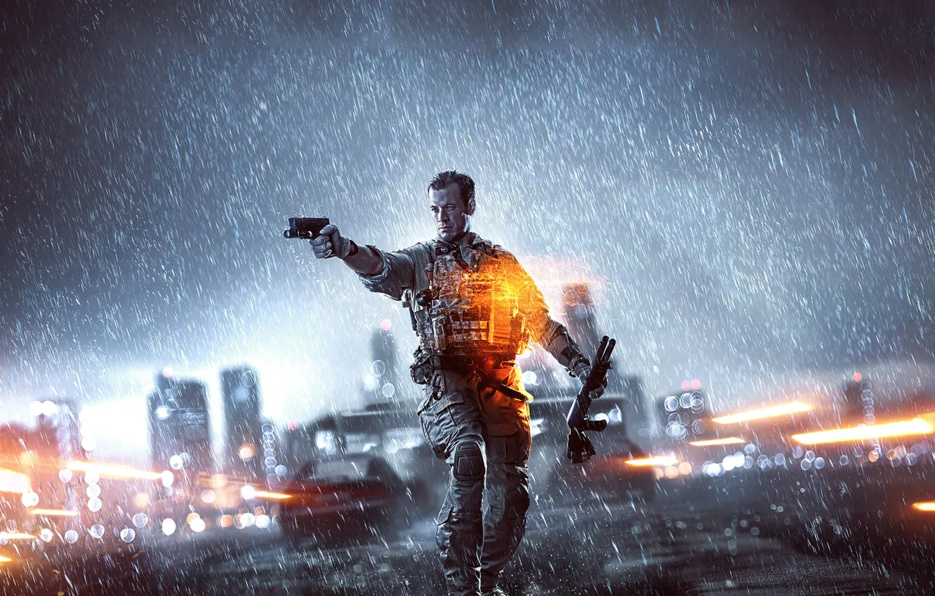 Фото обои Пистолет, Дождь, Оружие, Electronic Arts, Дробовик, DICE, Battlefield 4, BF4