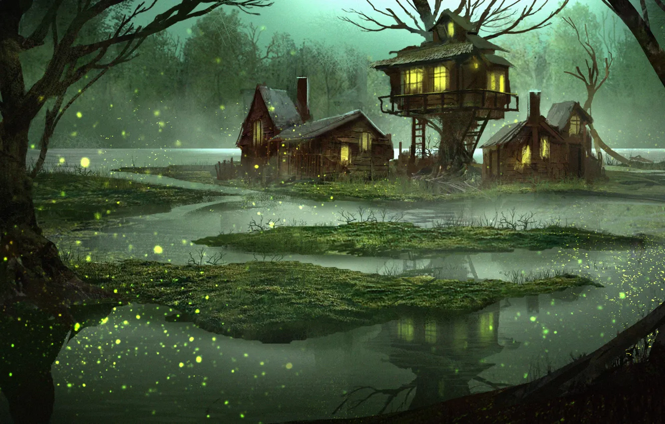 Фото обои лес, вода, дом, фантазия, болото, сказка, вечер, арт