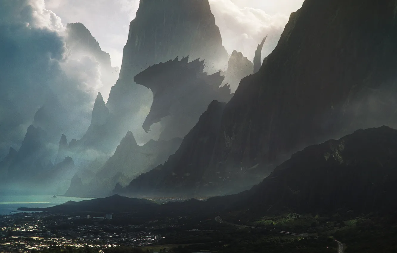 Фото обои горы, город, фантастика, скалы, монстр, гигант, hawaii, godzilla