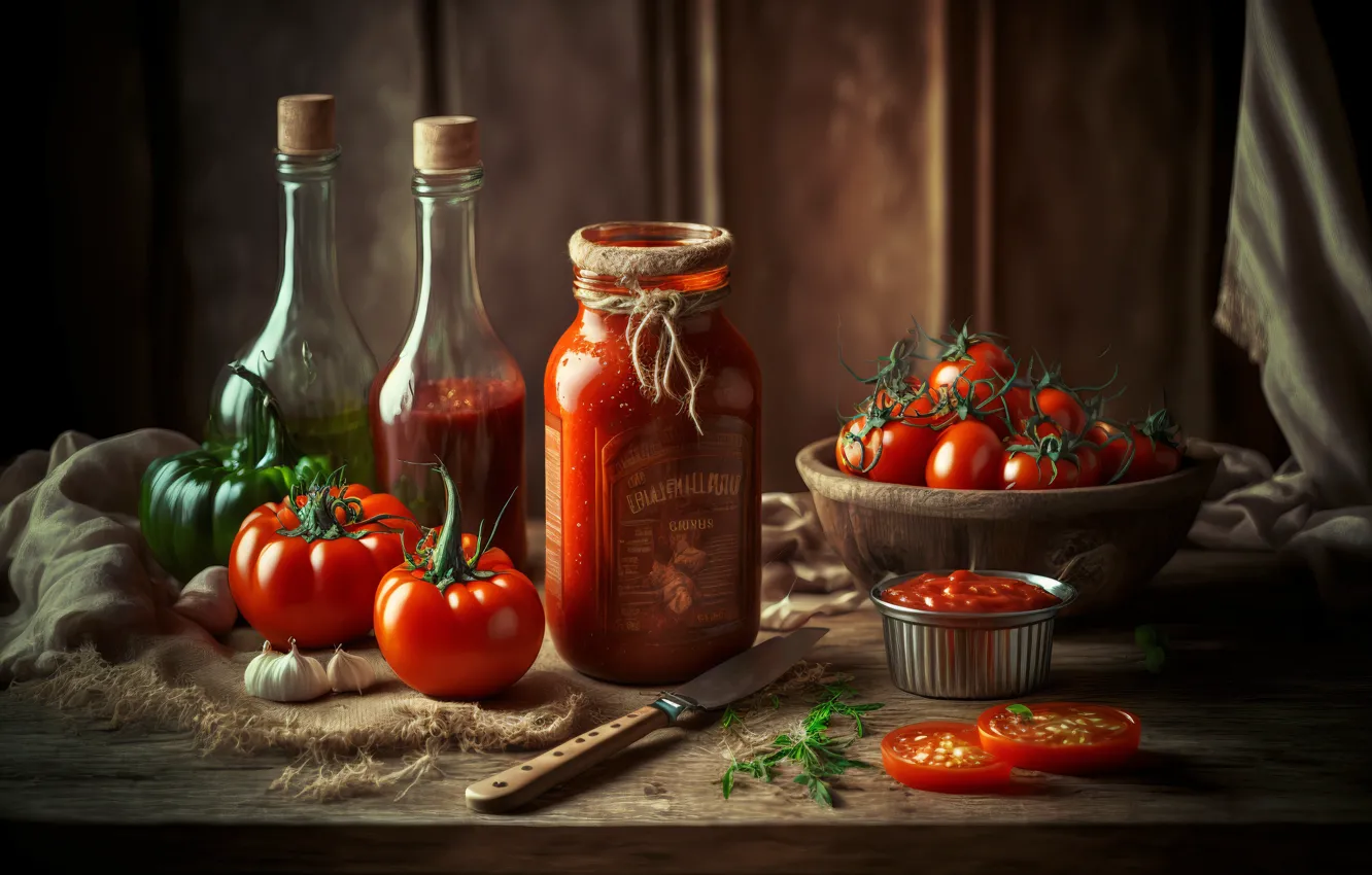 Фото обои зелень, стол, доски, графика, полотенце, нож, банка, ткань