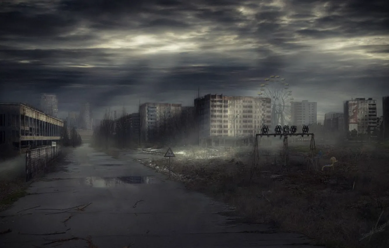 Фото обои дорога, ночь, город, припять, украина
