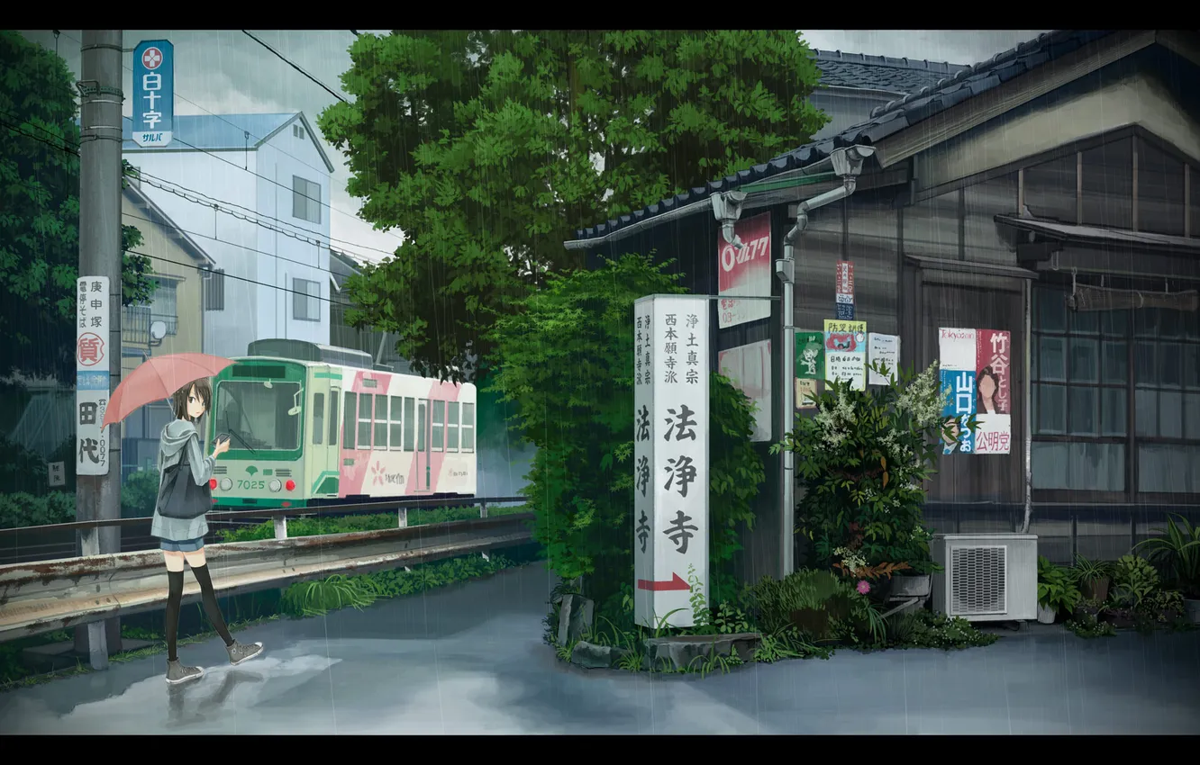 Фото обои город, зонтик, дождь, улица, поезд, аниме, девочка
