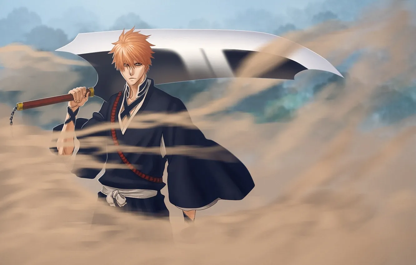 Фото обои песок, ветер, пыль, меч, арт, парень, bleach, kurosaki ichigo
