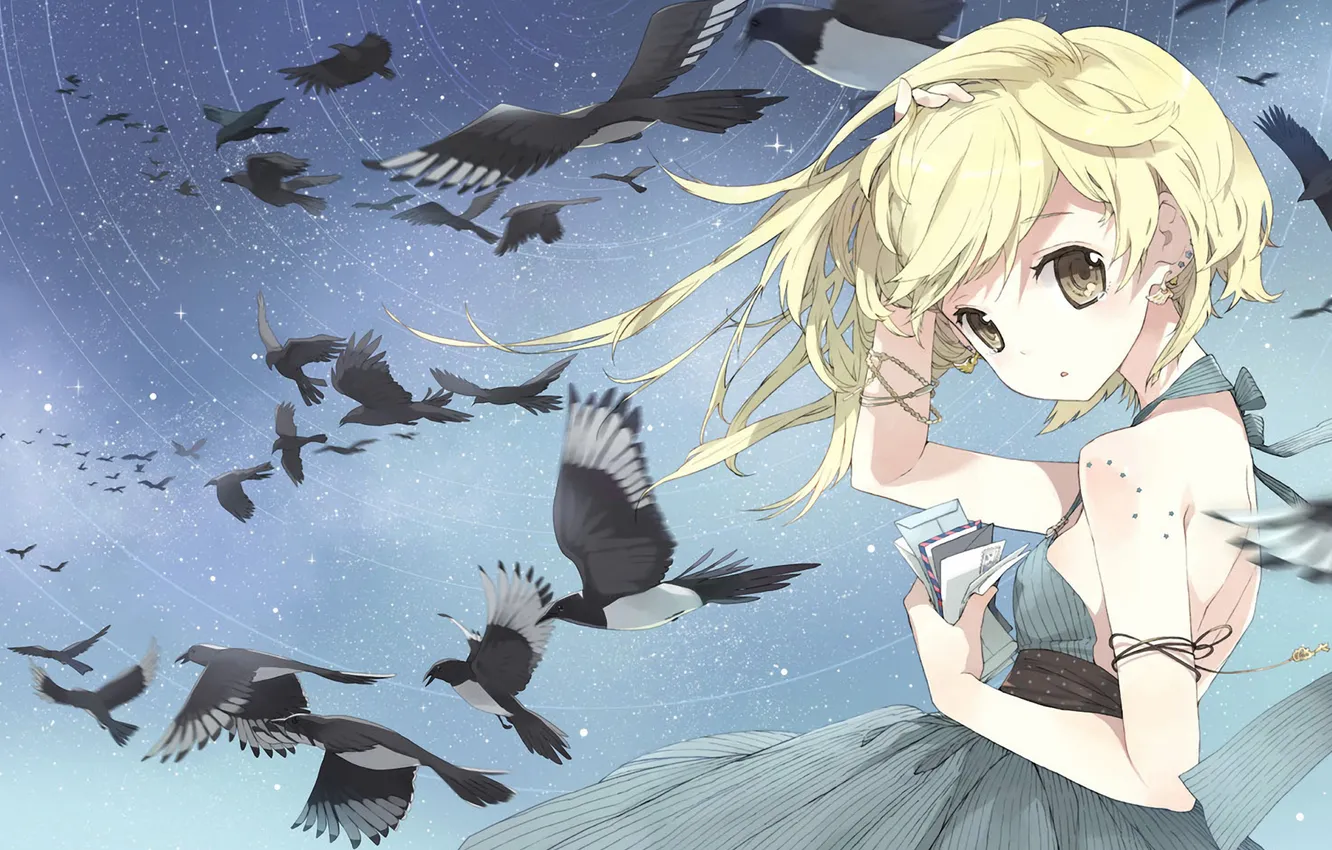 Фото обои девушка, звезды, птицы, ветер, платье, письма