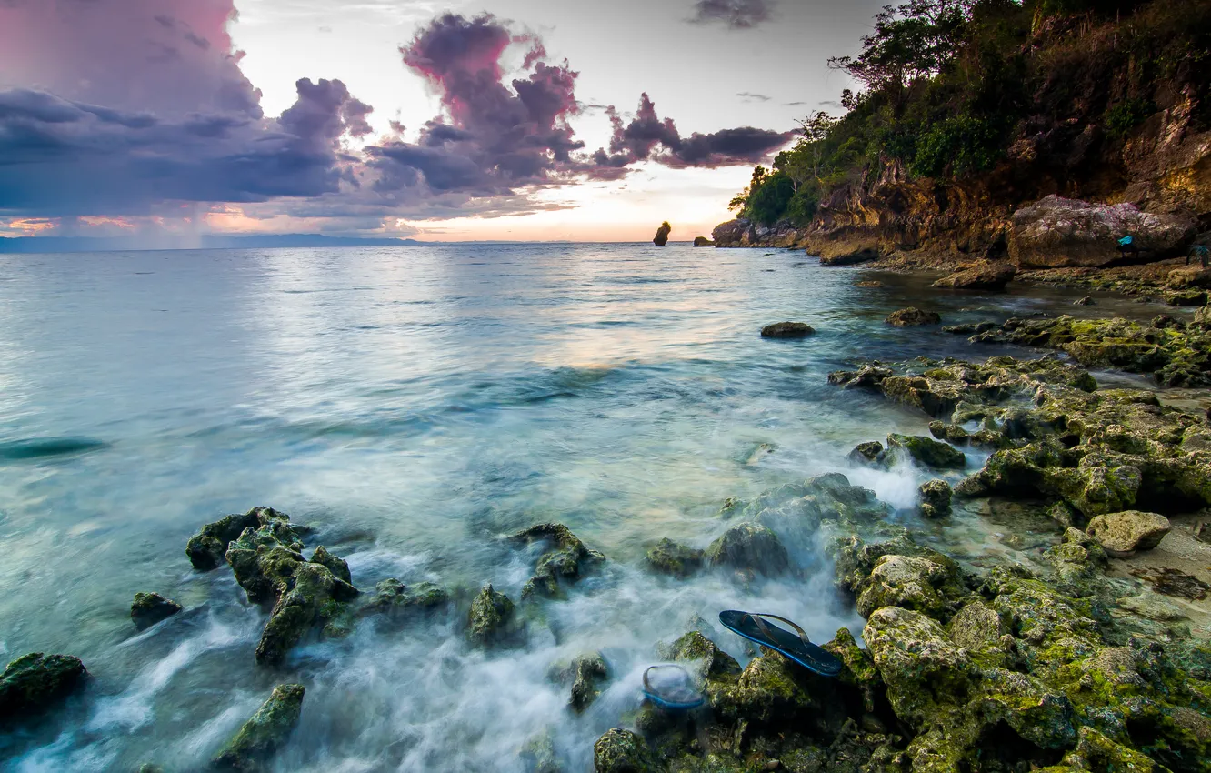 Фото обои море, закат, тучи, камни, побережье, Филиппины, Philippines