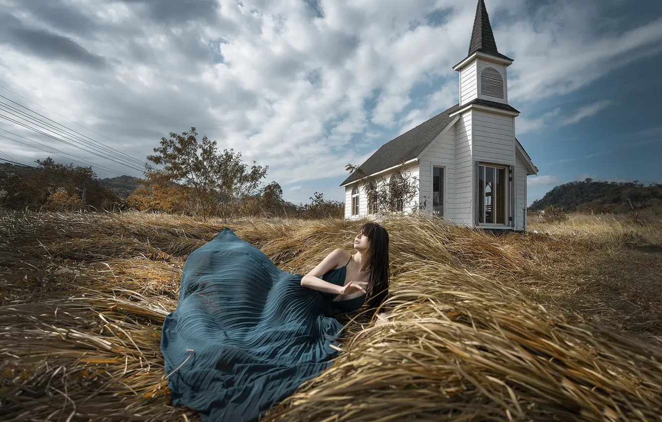 Фото обои девушка, природа, храм