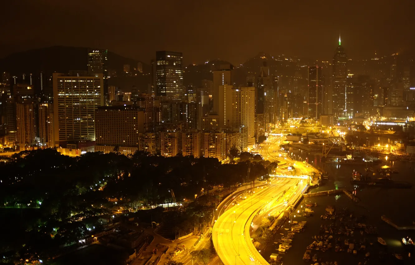 Фото обои China, Дорога, Гонконг, Огни, Ночь, Панорама, Здания, Китай