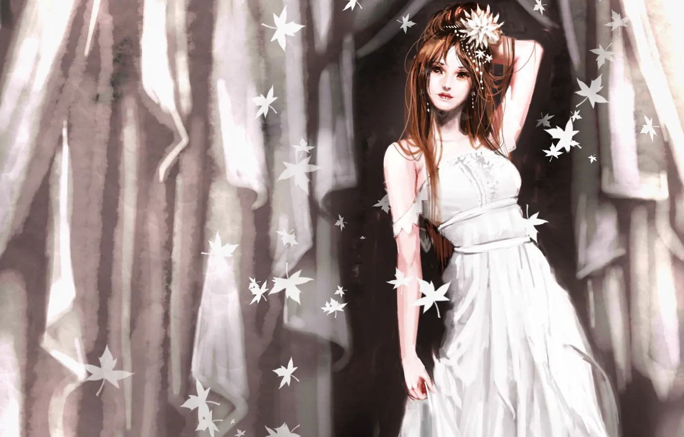 Фото обои цветок, девушка, занавес, белое платье, Листопад
