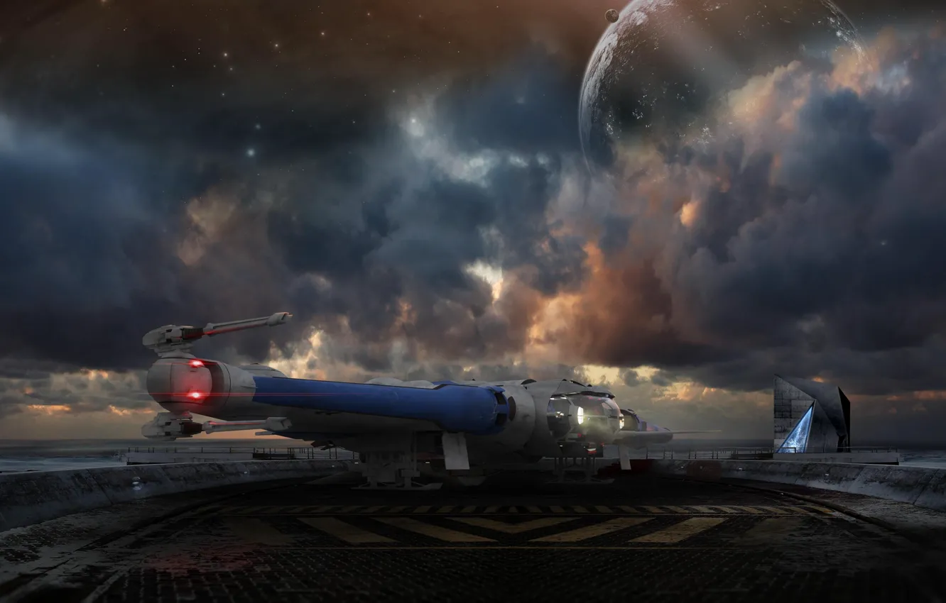 Фото обои небо, тучи, посадка, звездолет, Star Citizen, Reliant