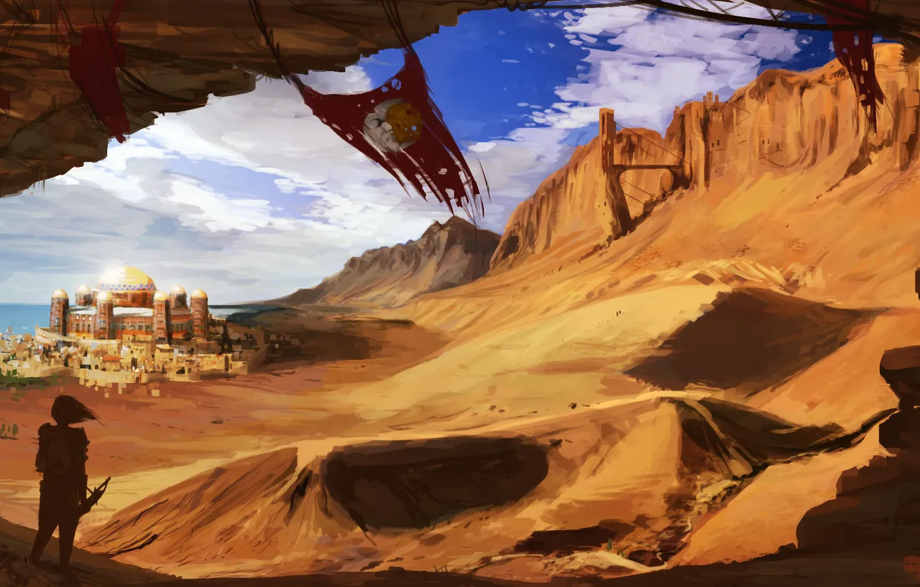 Фото обои песок, девушка, облака, город, ветер, арт, дюны, каньон