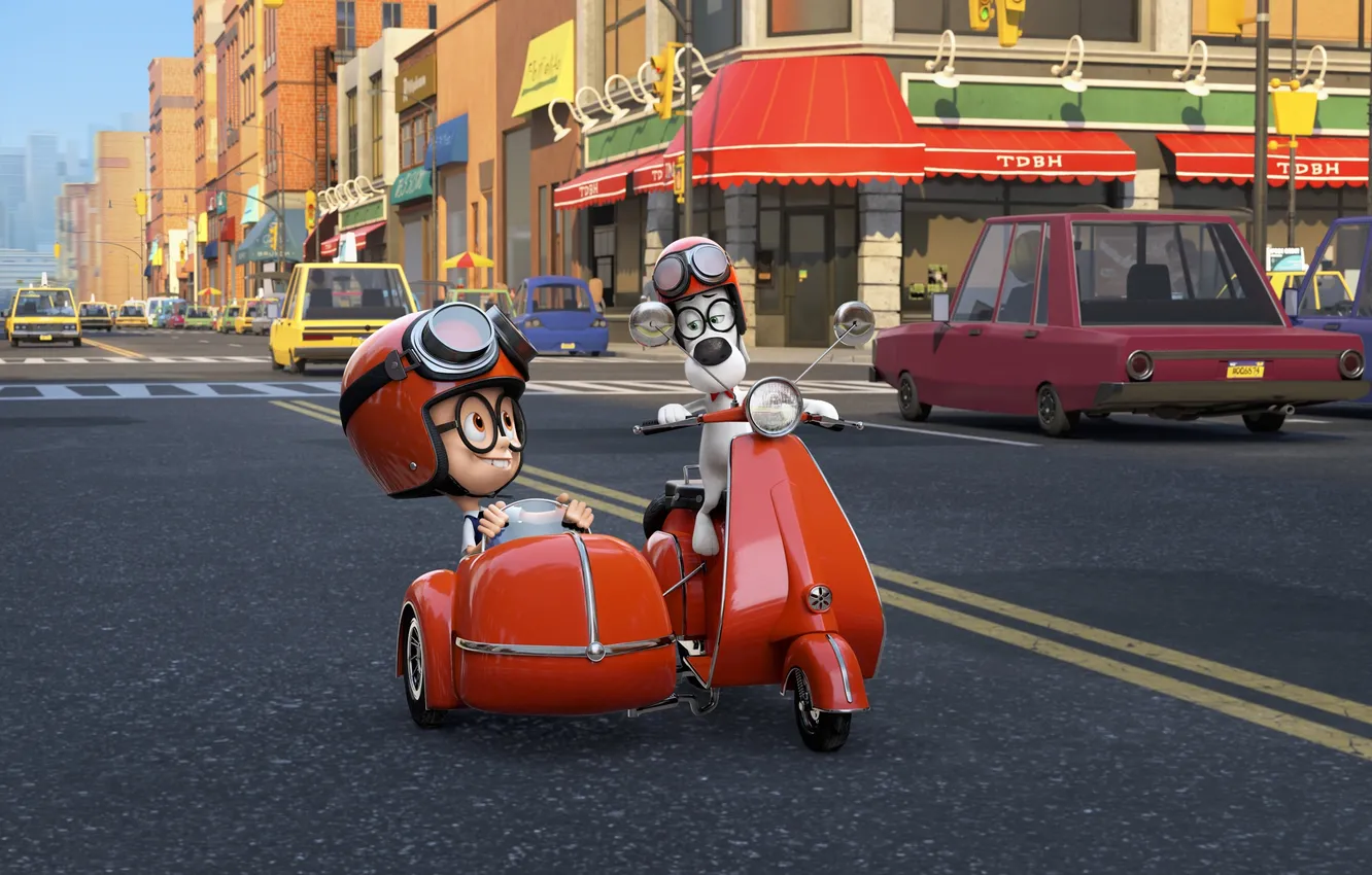Фото обои дорога, улица, мультфильм, дома, очки, мотоцикл, шлем, Sherman