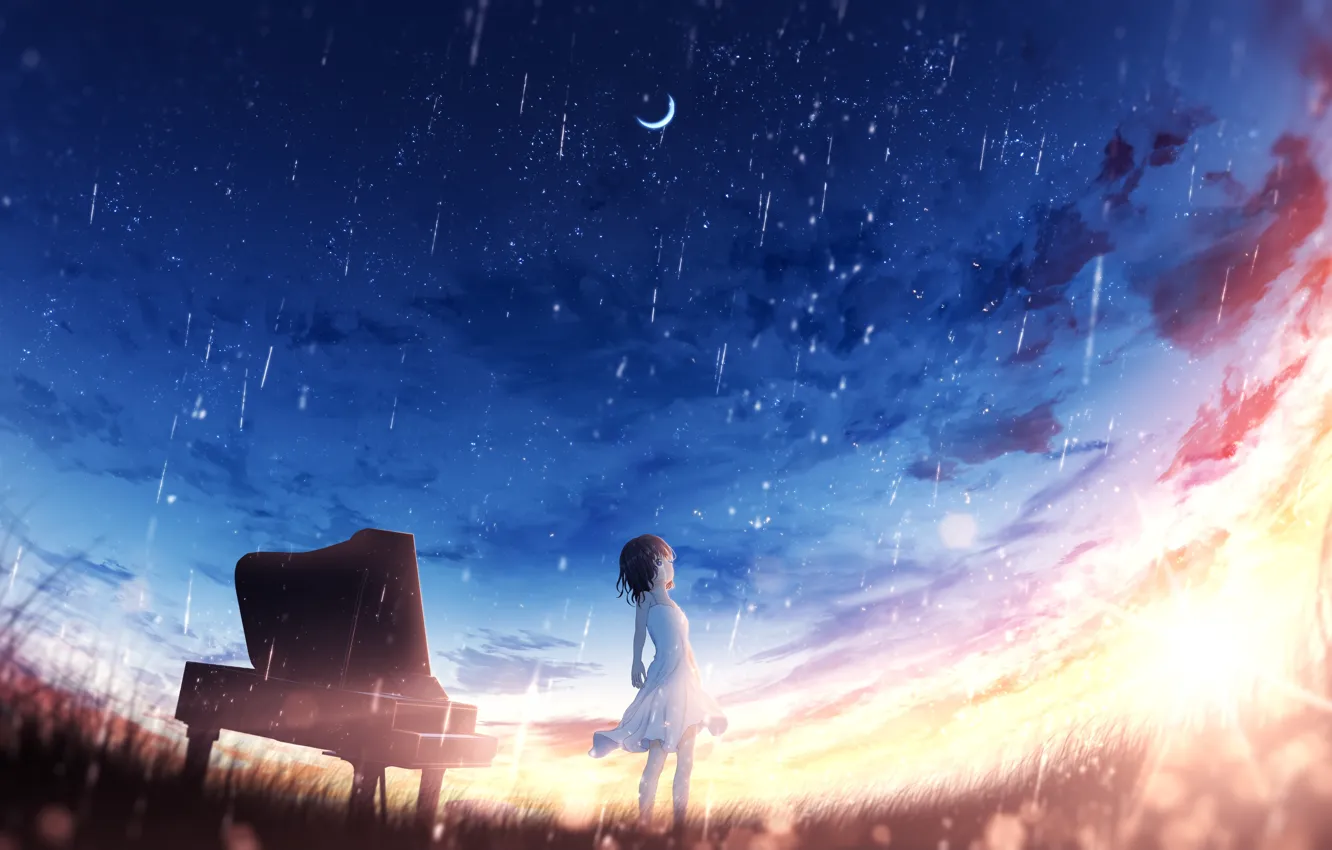 Фото обои небо, закат, дождь, фэнтези, девочка, пианино, полумесяц