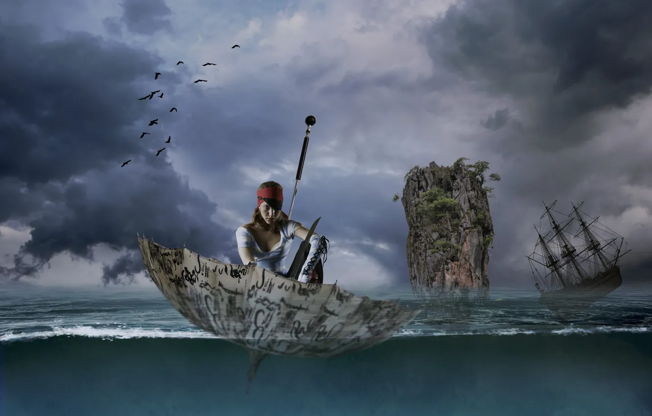 Фото обои море, девушка, скала, зонтик, парусник, ситуация, зонт, пират