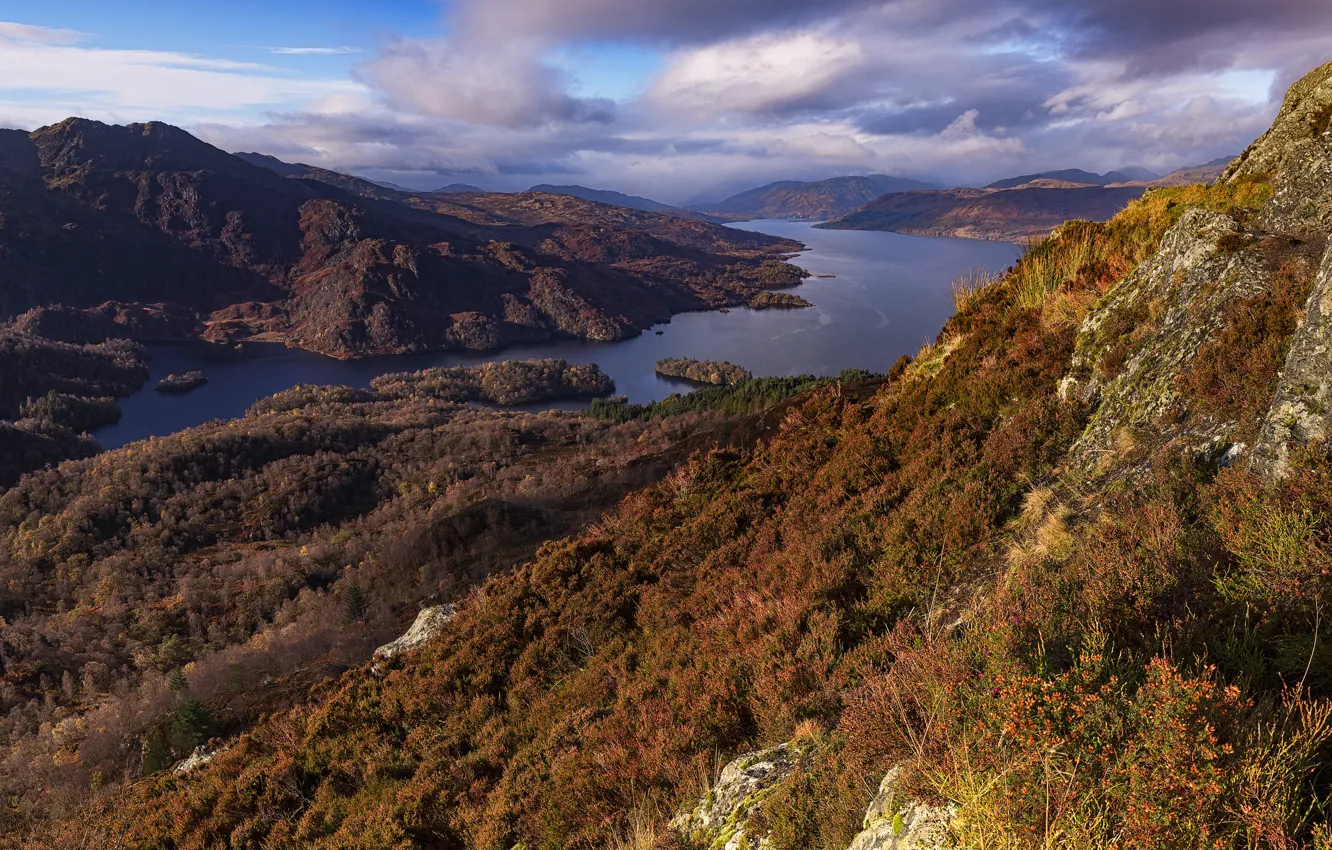 Фото обои осень, река, Шотландия, Trossachs National Park