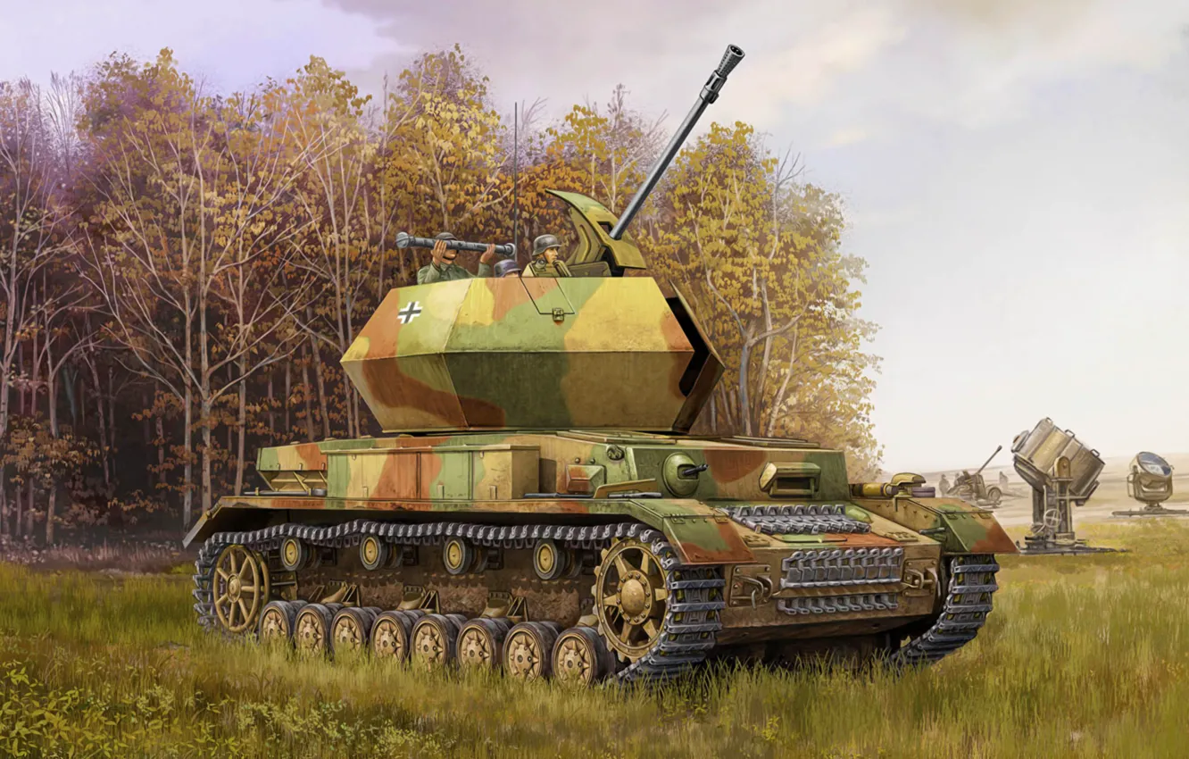 Фото обои war, art, painting, tank, ww2, flak, Ostwind Flakpanzer