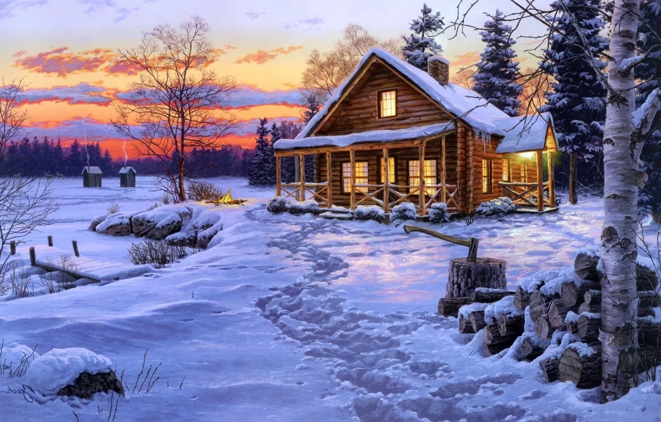 Фото обои небо, снег, следы, огни, дом, Зима