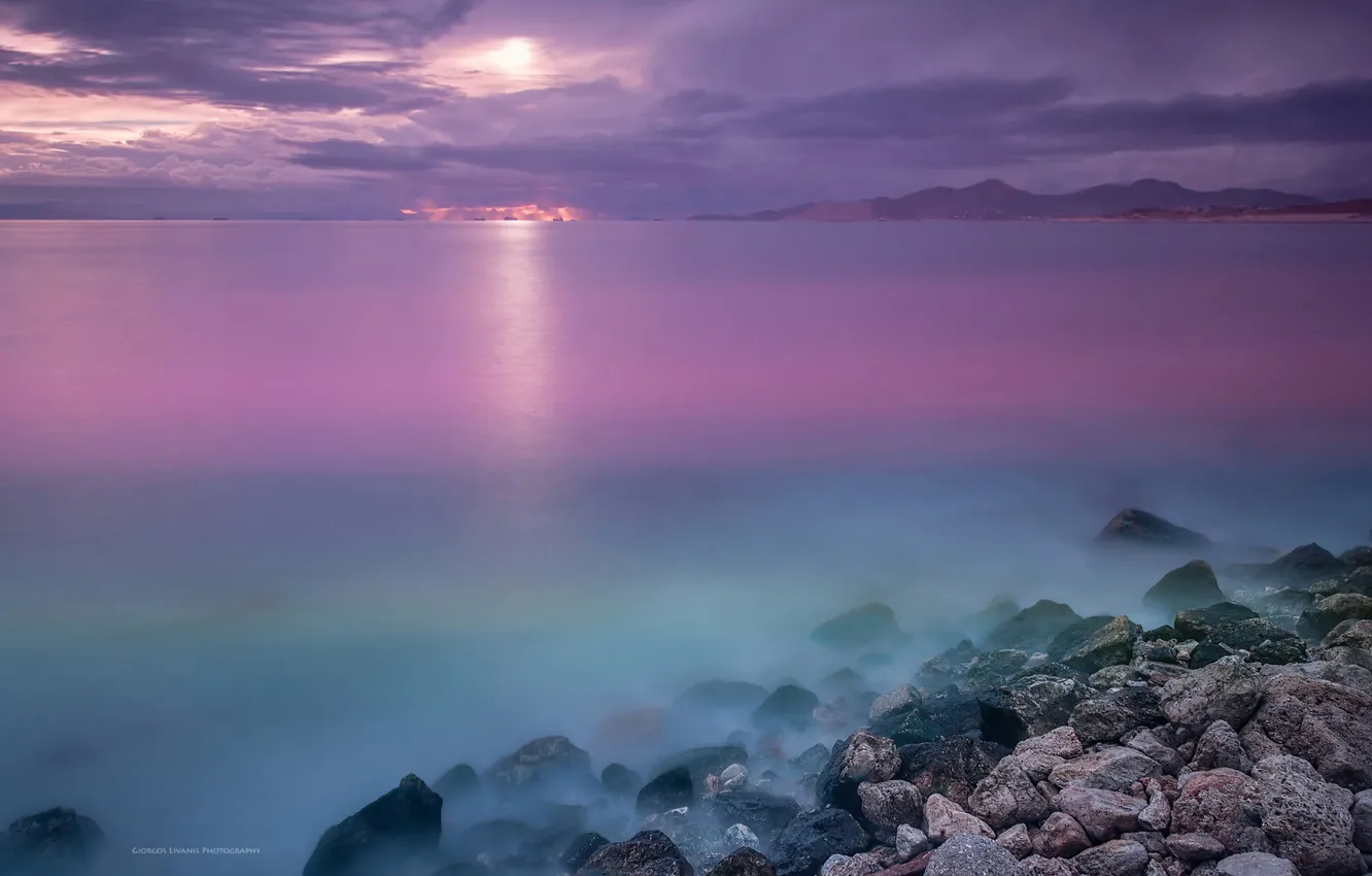 Фото обои море, свет, камни, луна, вечер, выдержка