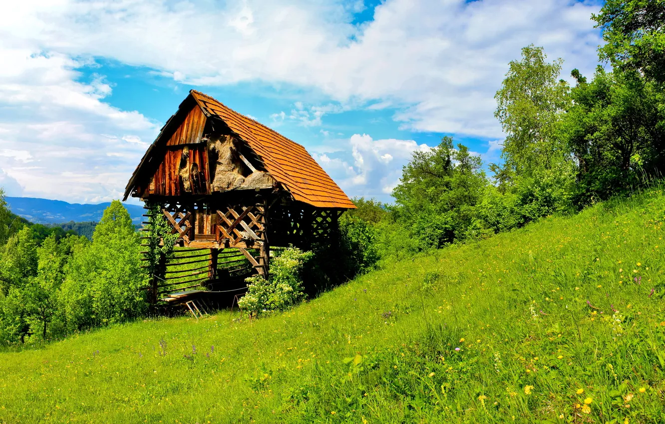 Фото обои трава, пейзаж, природа, домик, Словения, Trbovlje