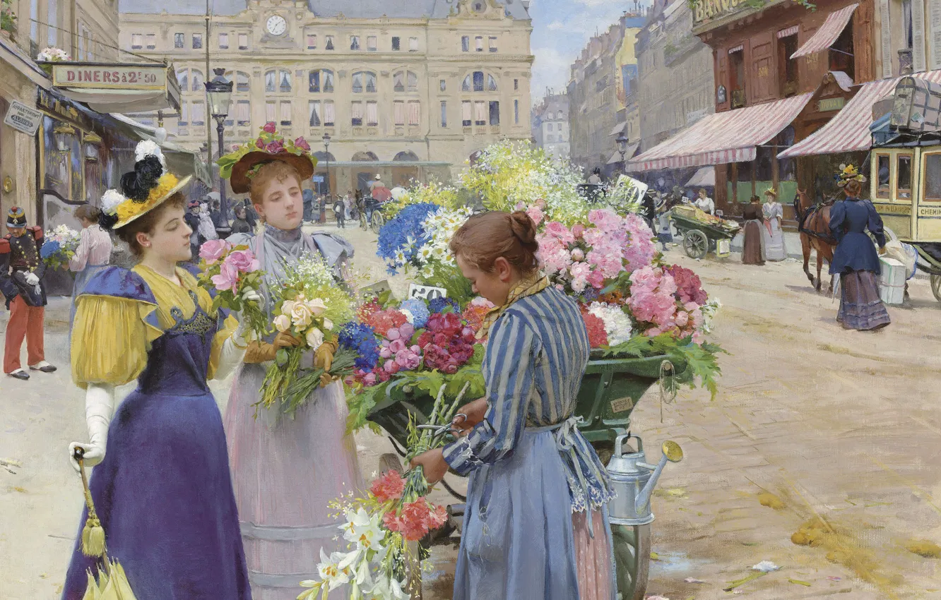 Фото обои Париж, Paris, 1893, французский живописец, French painter, oil on canvas, Marchand de fleurs, Торговка цветами