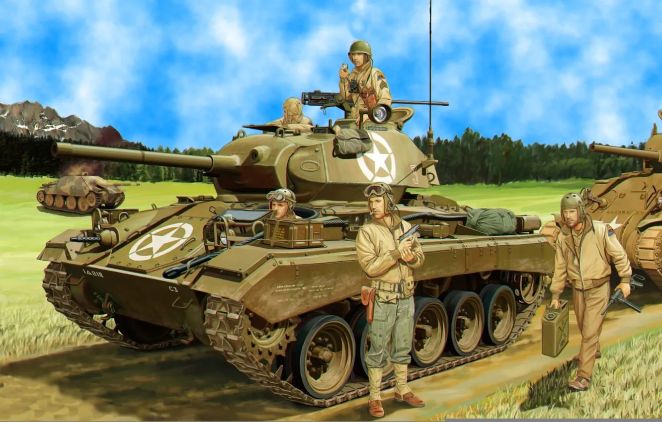 Фото обои war, art, painting, tank, WW2, M24 Chaffee