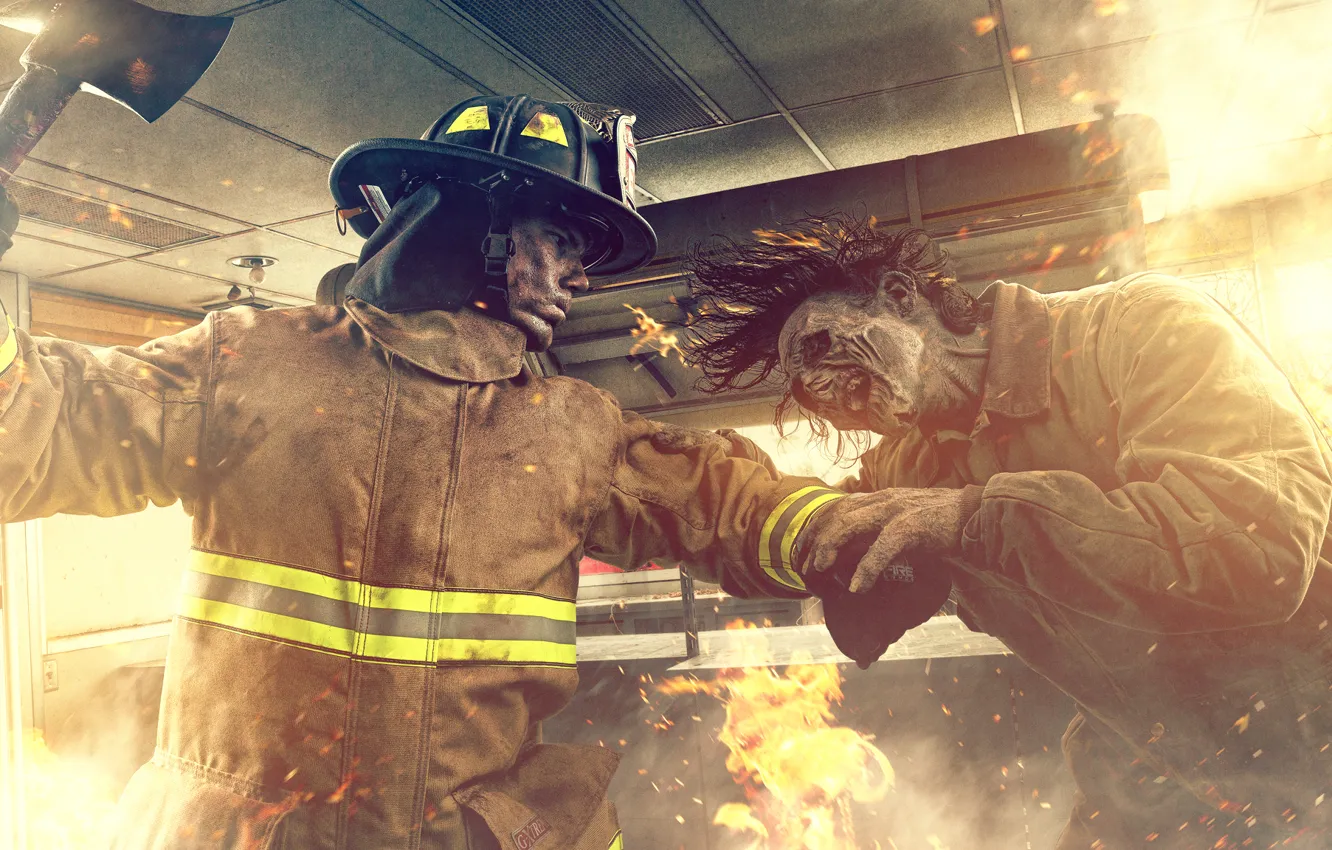 Фото обои пожар, огонь, схватка, Zombie VS Firefighter