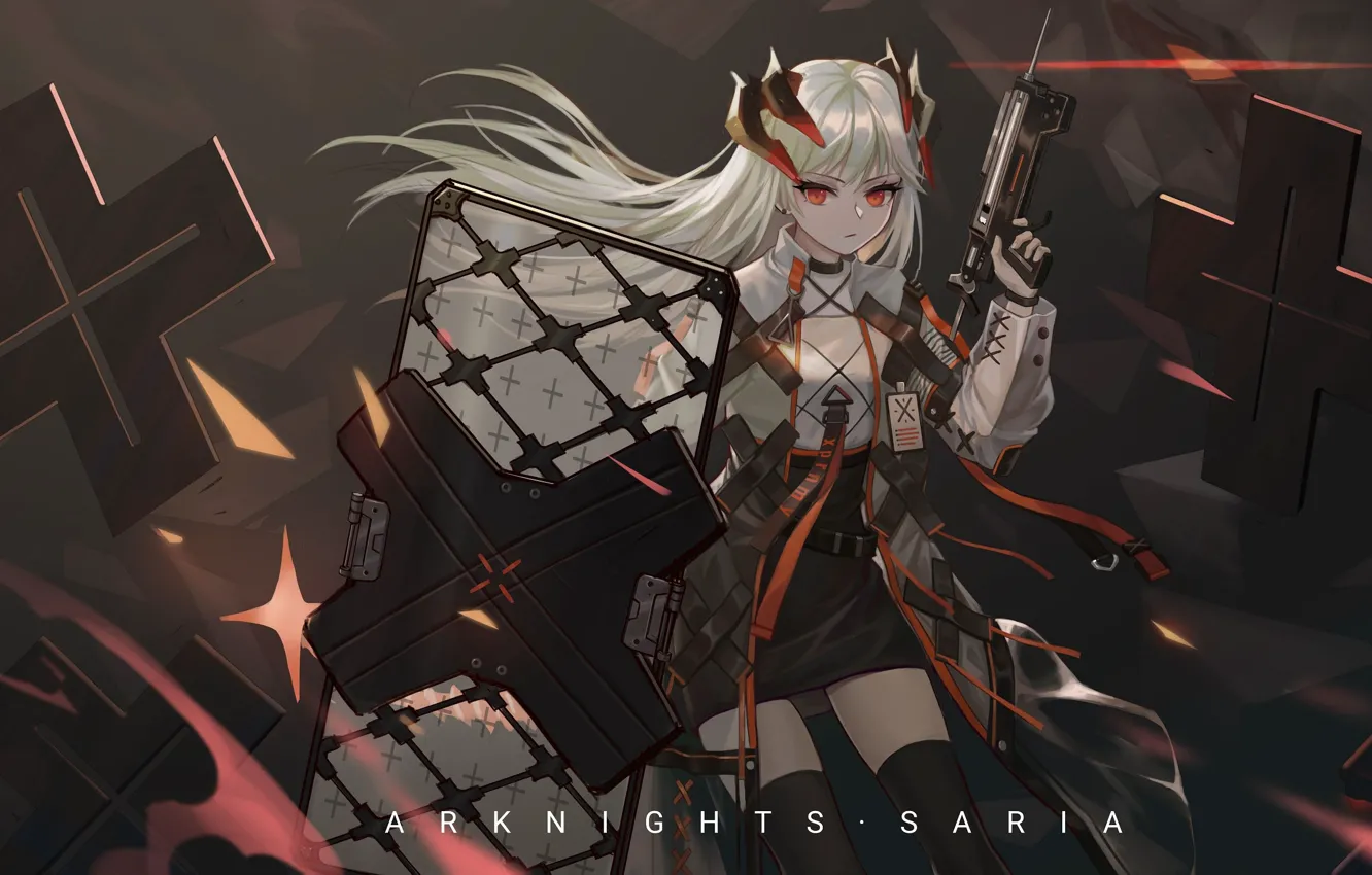 Фото обои взгляд, девушка, оружие, Saria, Arknights