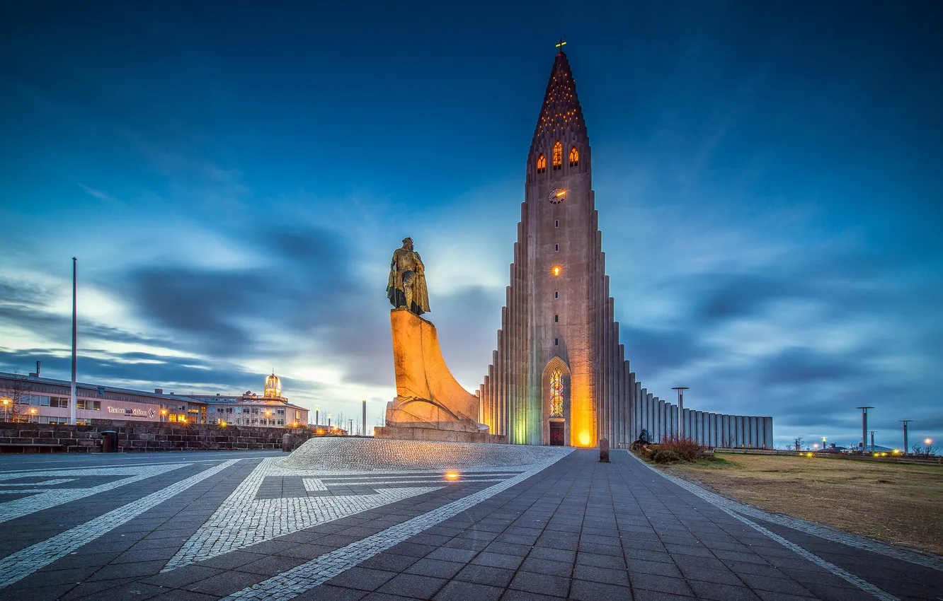 Фото обои ночь, памятник, церковь, Исландия, Reykjavik, Рейкьявик