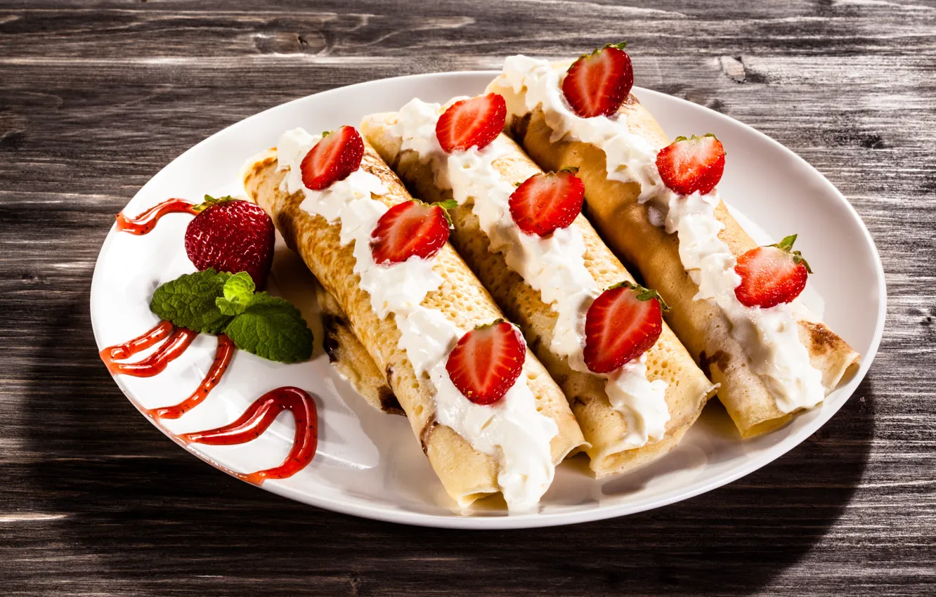 Фото обои еда, клубника, блины, крем, десерт, сладкое, сироп, pancakes