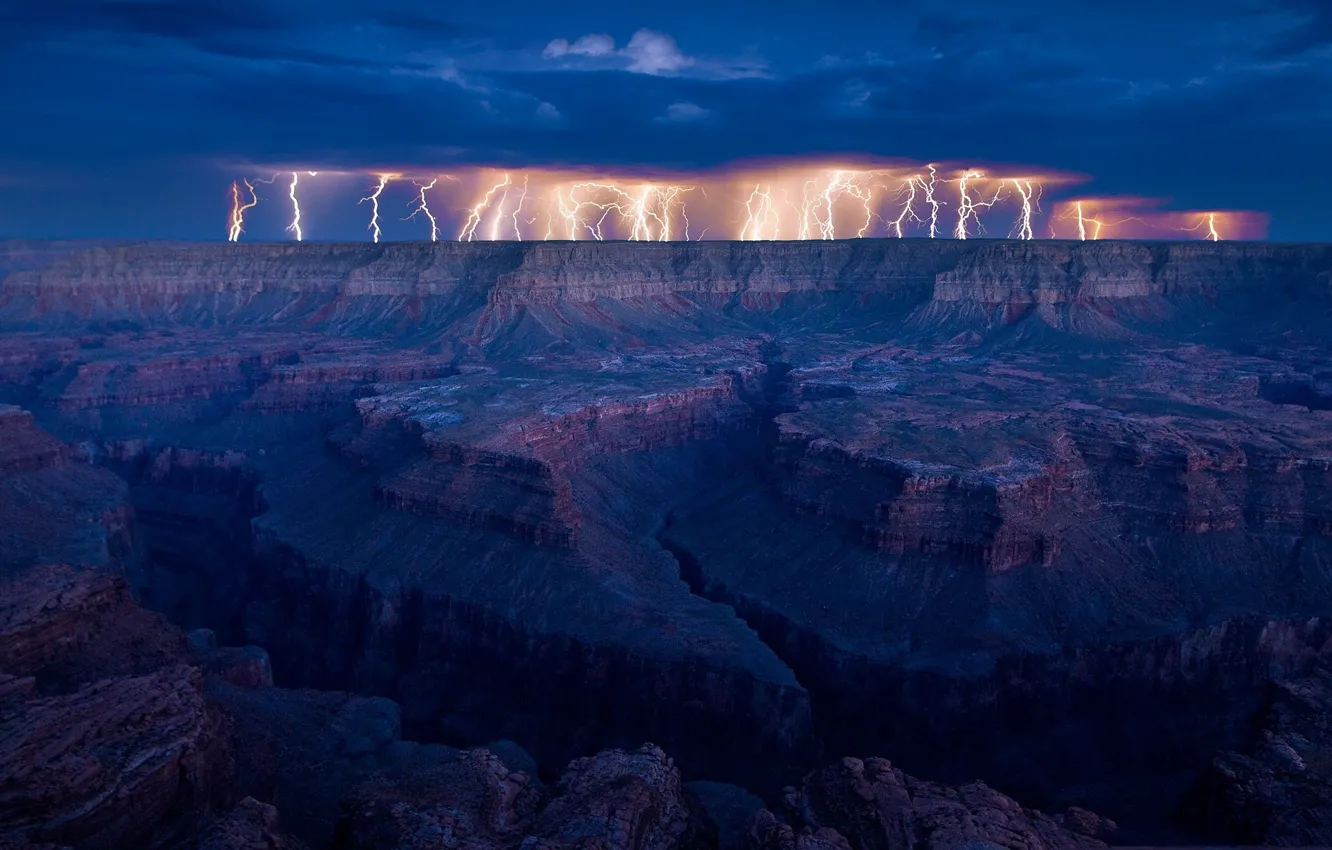 Фото обои гроза, ночь, молния, каньон