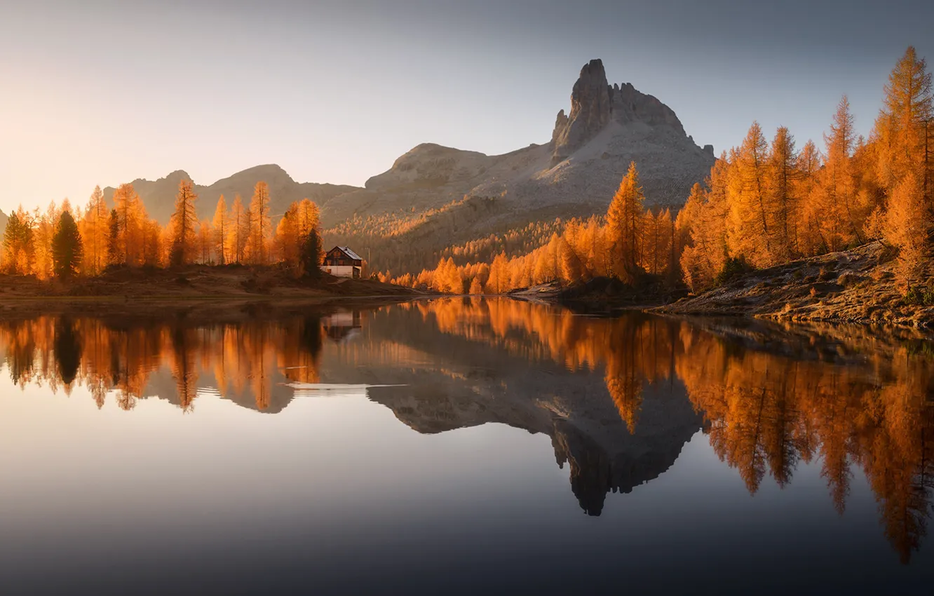 Фото обои осень, лес, горы, озеро, Lago Federa