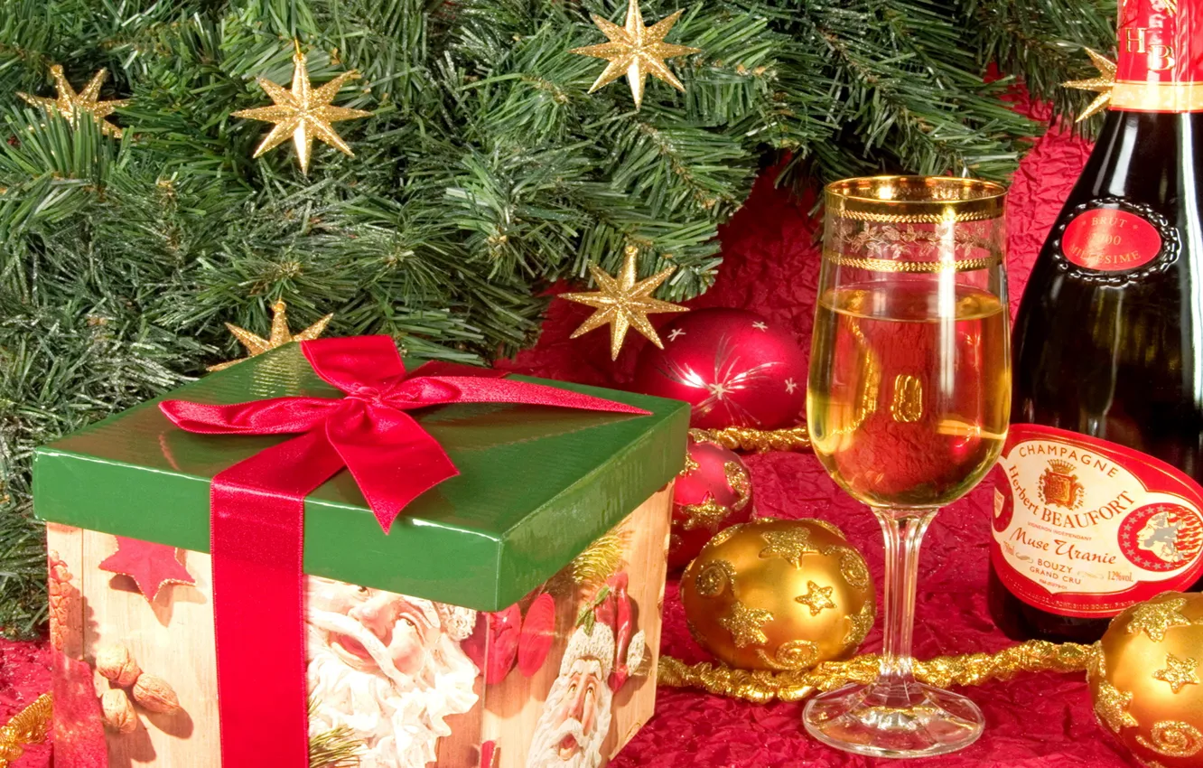 Фото обои подарок, бокал, елка, новый год, шампанское, New year