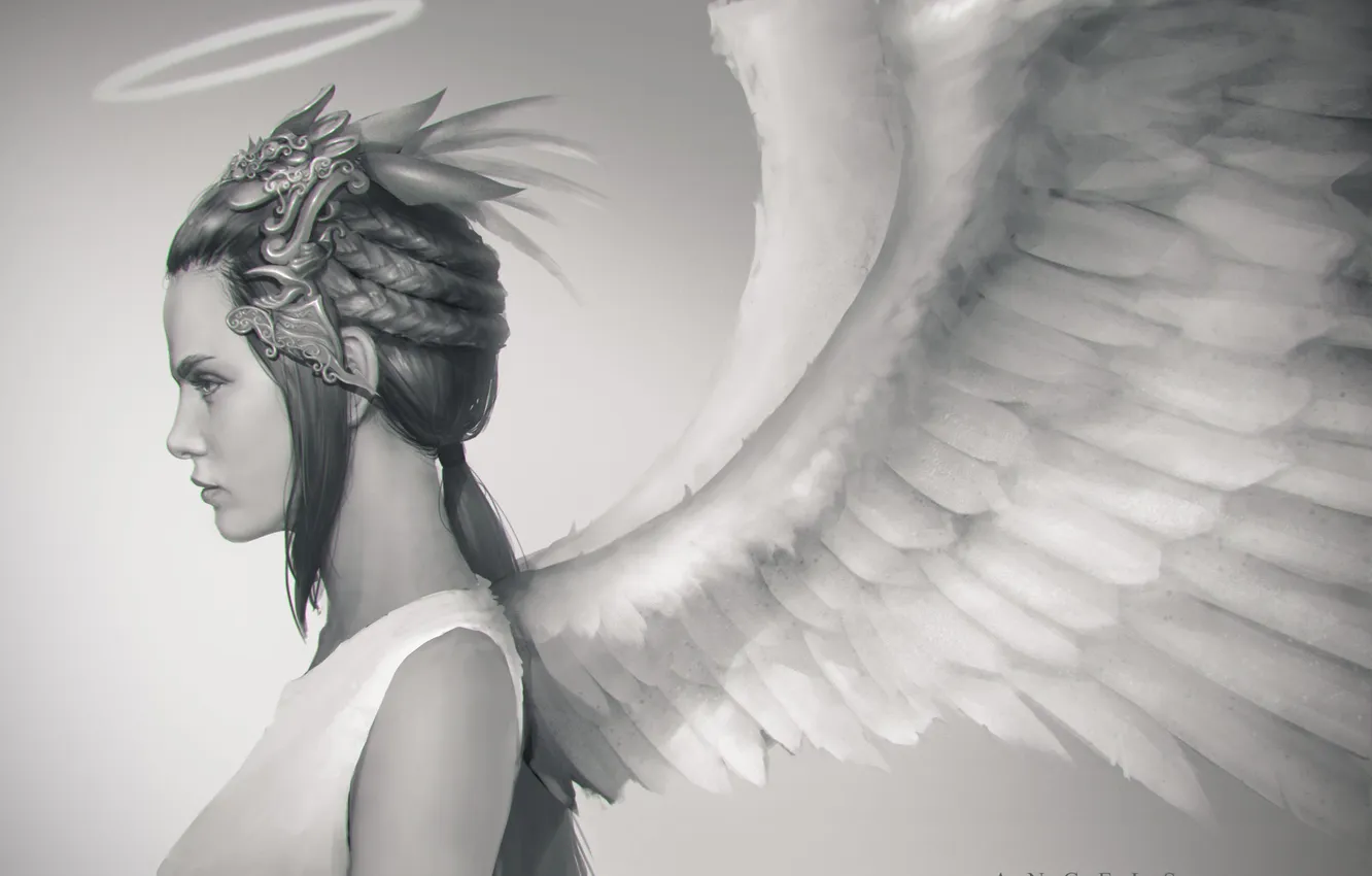 Фото обои крылья, ангел, арт, профиль, нимб