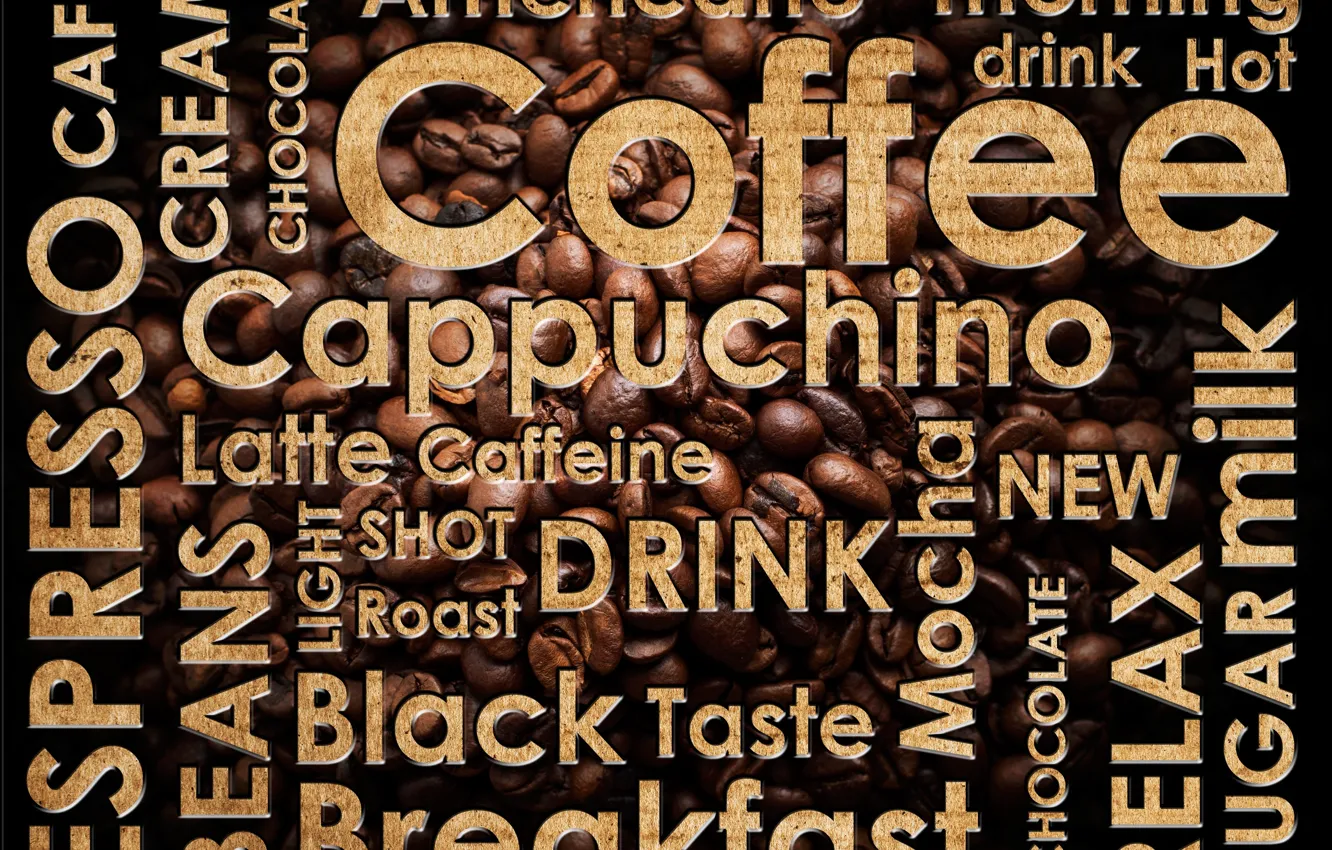 Фото обои надписи, кофе, кофейные зёрна, coffee, espresso, drink hot, cappuchino, latte