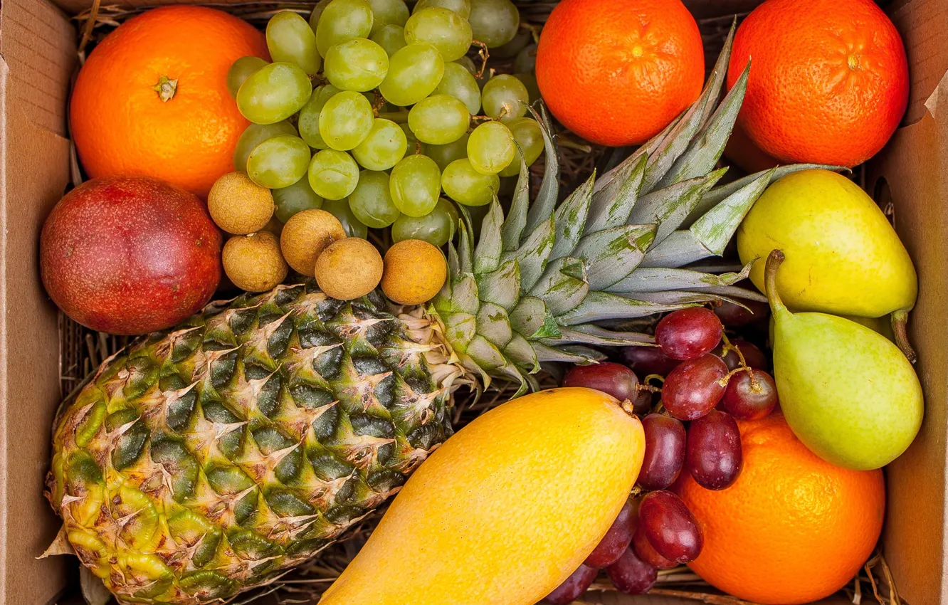 Фото обои апельсин, виноград, фрукты, манго, ананас, груши