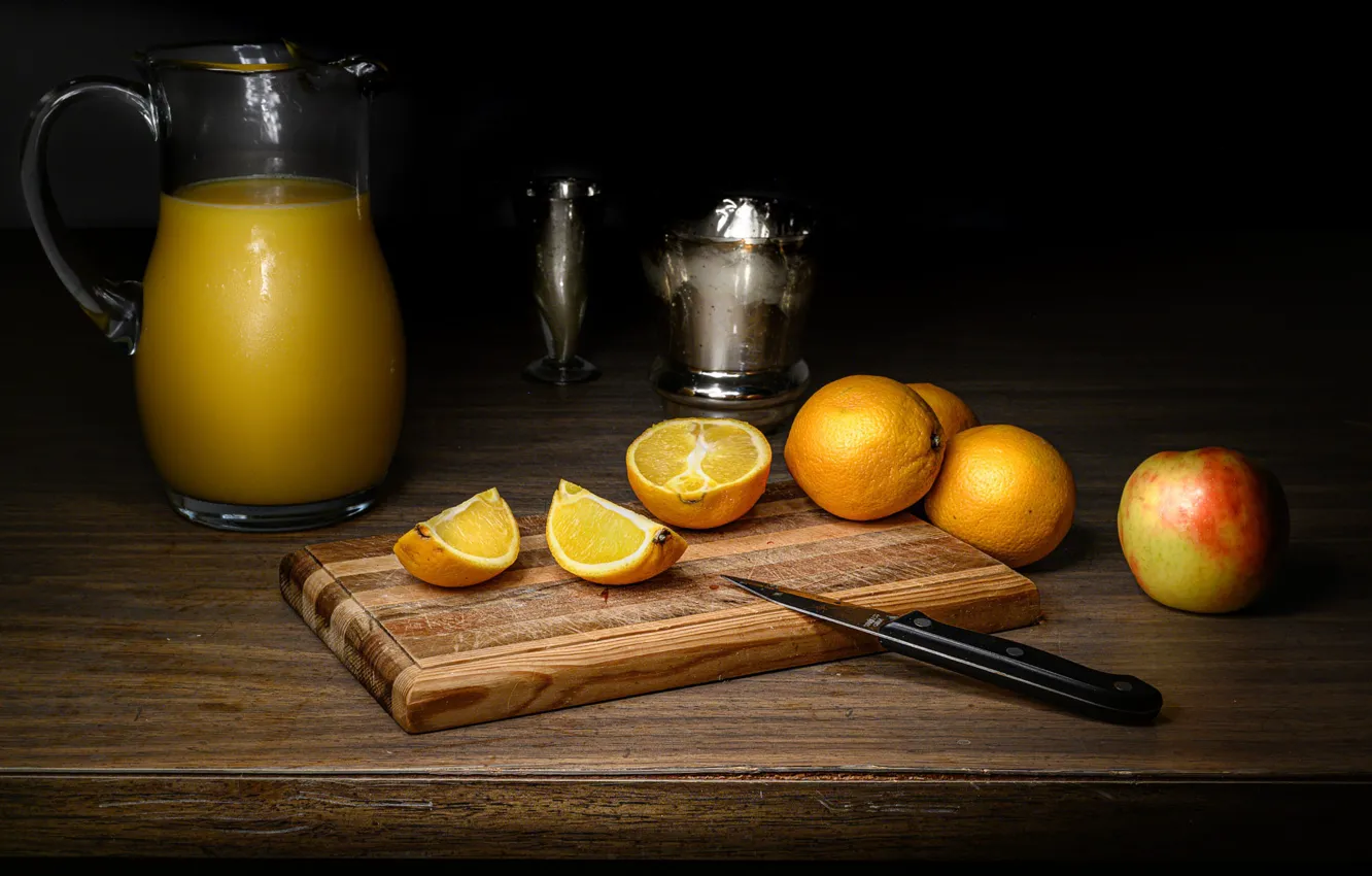 Фото обои апельсины, сок, нож, натюрморт