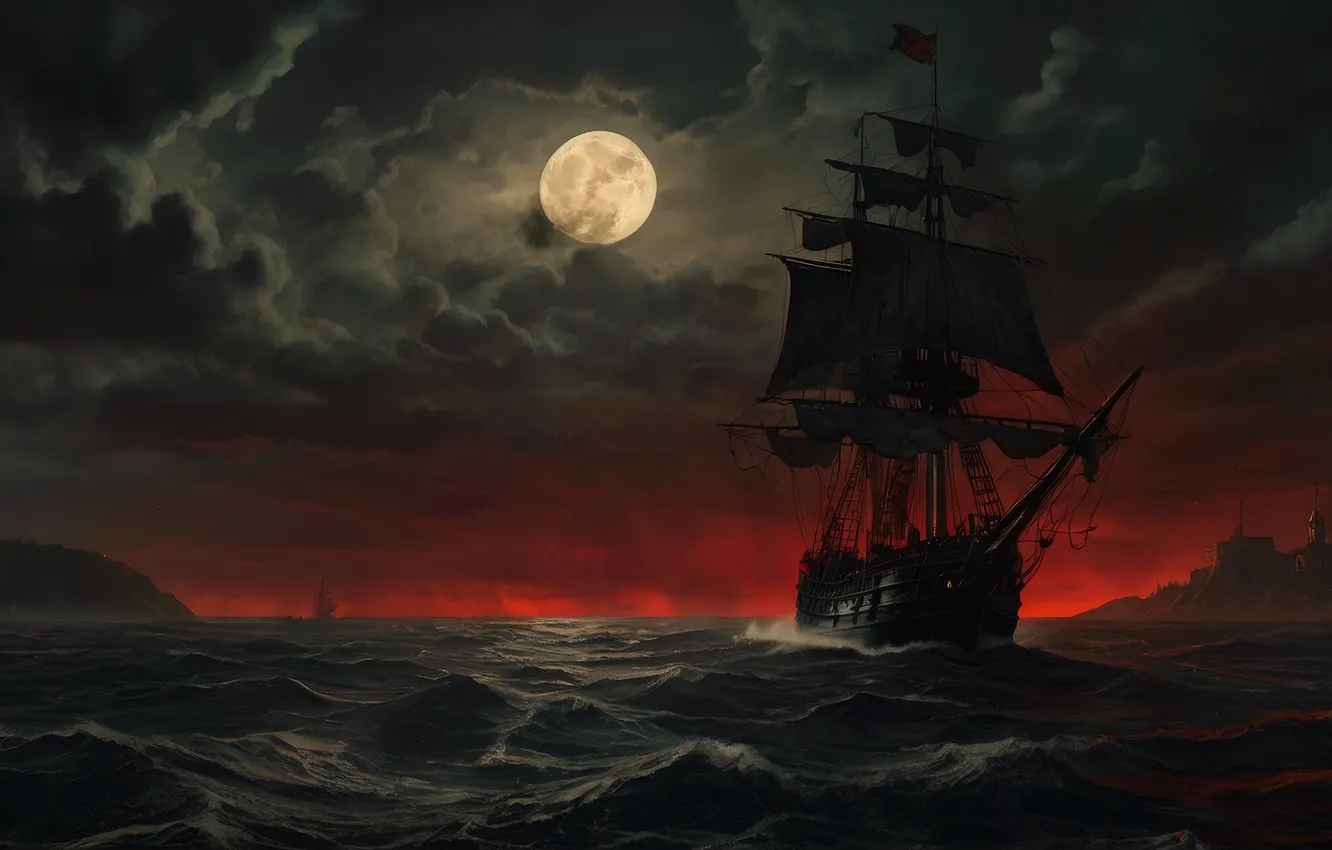 Фото обои city, moon, sea, night, sailboat