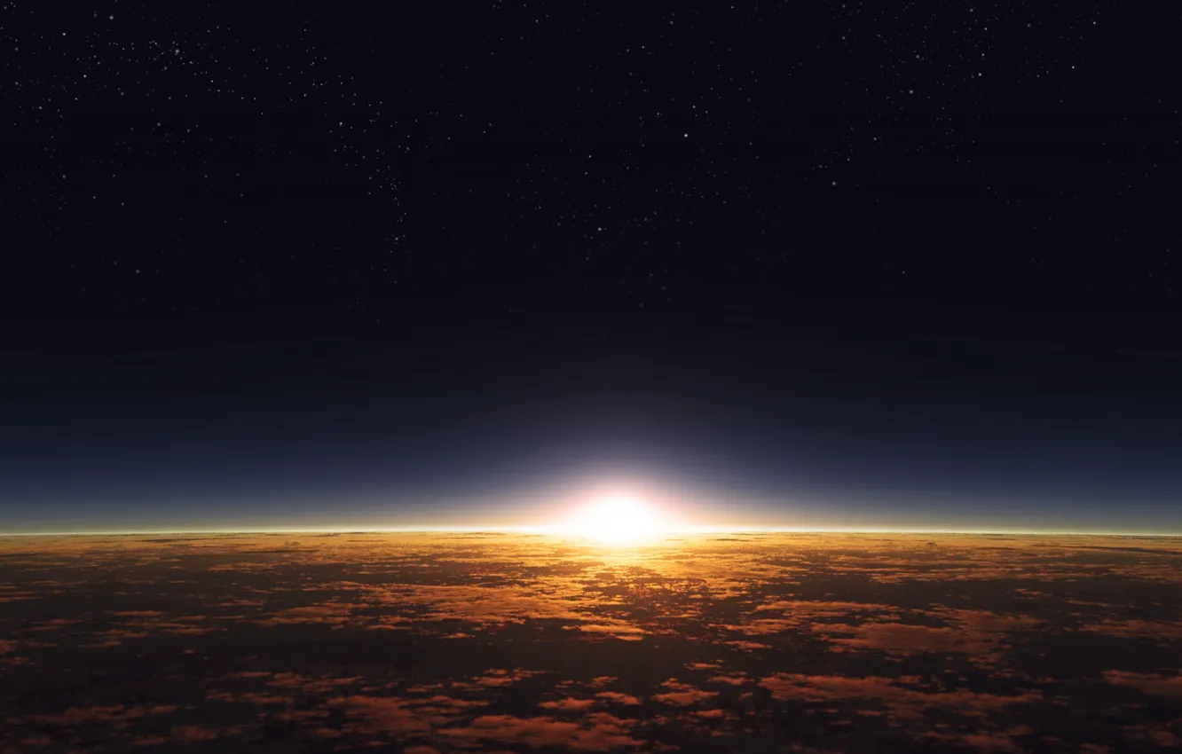 Фото обои облака, поверхность, восход, рассвет, звезда, планета, атмосфера, звёздное небо
