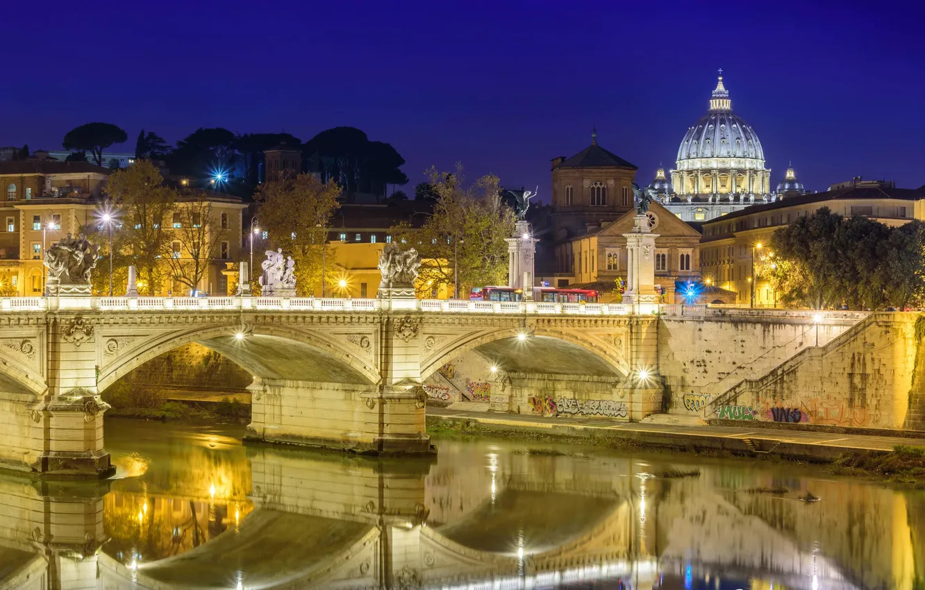 Фото обои ночь, мост, огни, река, Рим, Италия, Собор Святого Петра, Тибр