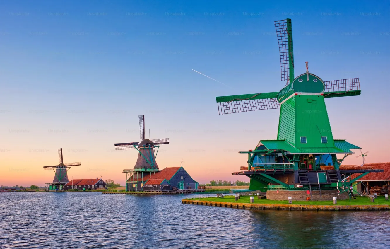Фото обои wind, windmills, the netherland, swater, zaanse schans