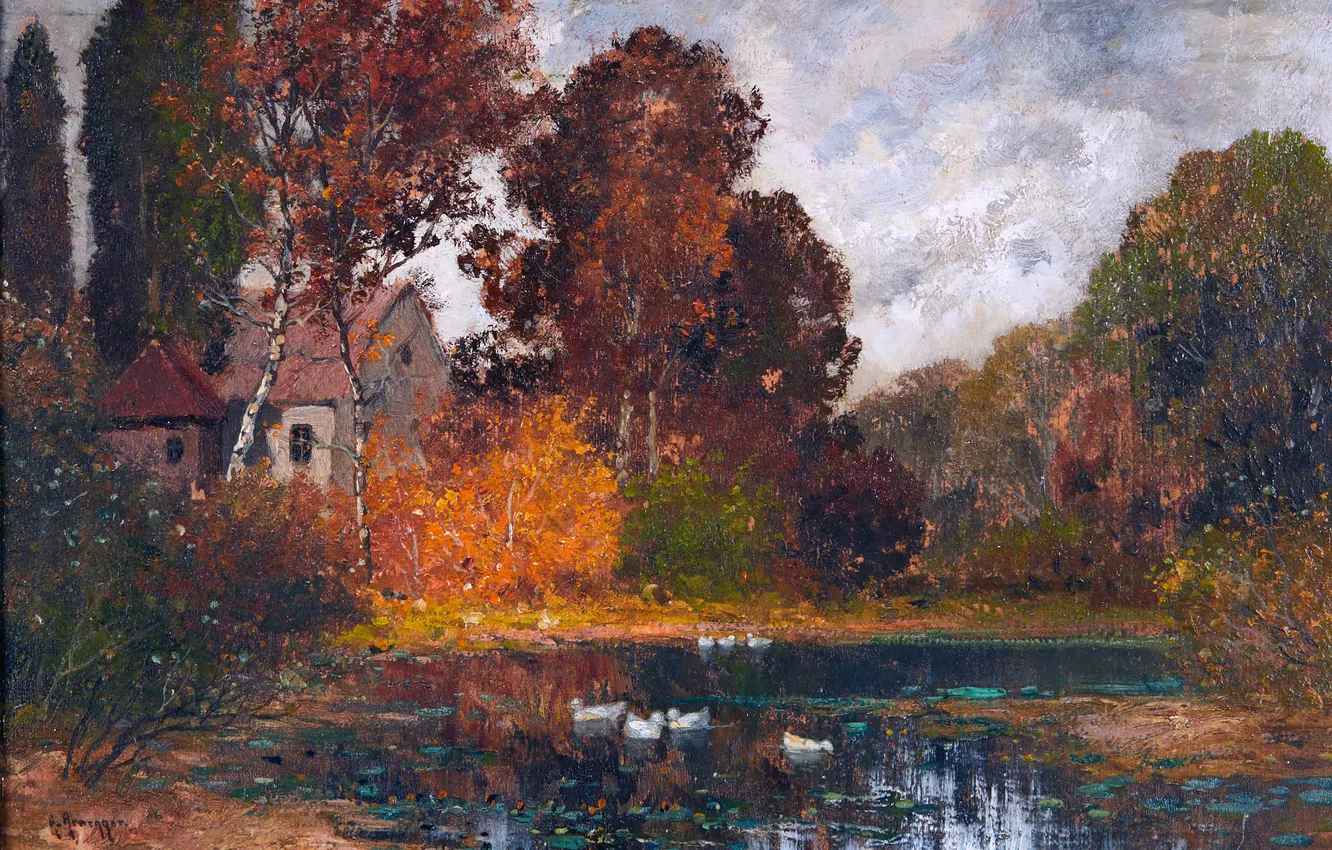 Фото обои Деревья, Дом, Пруд, Картина, Alois Arnegger, Утки, Алоис Арнеггер, Австрийский живописец